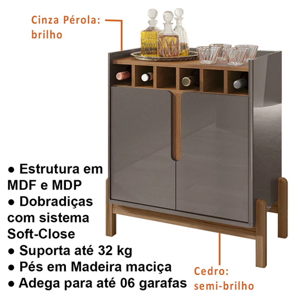 Barzinho Com 2 Portas e Adega Para Sala de Jantar 50522 Cinza Perola Cedro DCASA