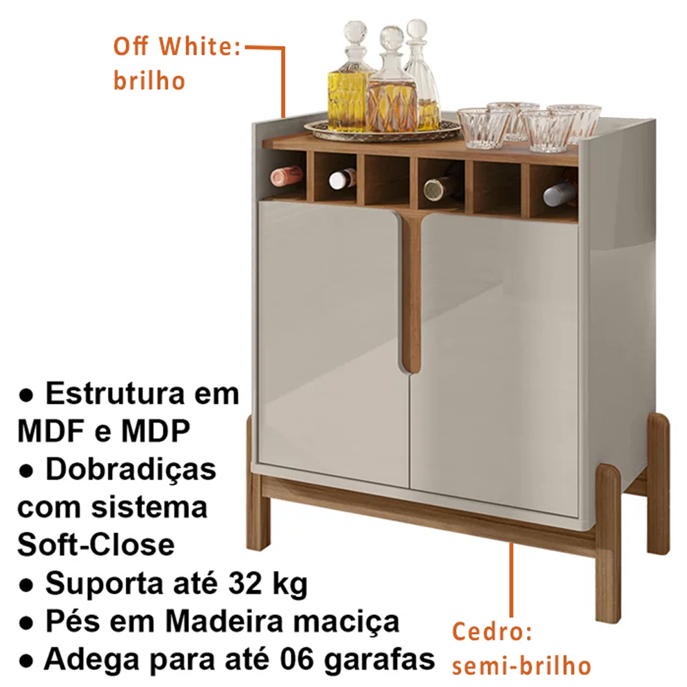 Barzinho Com 2 Portas e Adega Para Sala de Jantar 50522 Off White Cedro DCASA