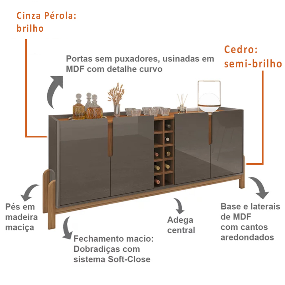 Buffet 190cm Adega 050520 E Cristaleira 4 Portas 50519 Cinza Perola Cedro DCASA