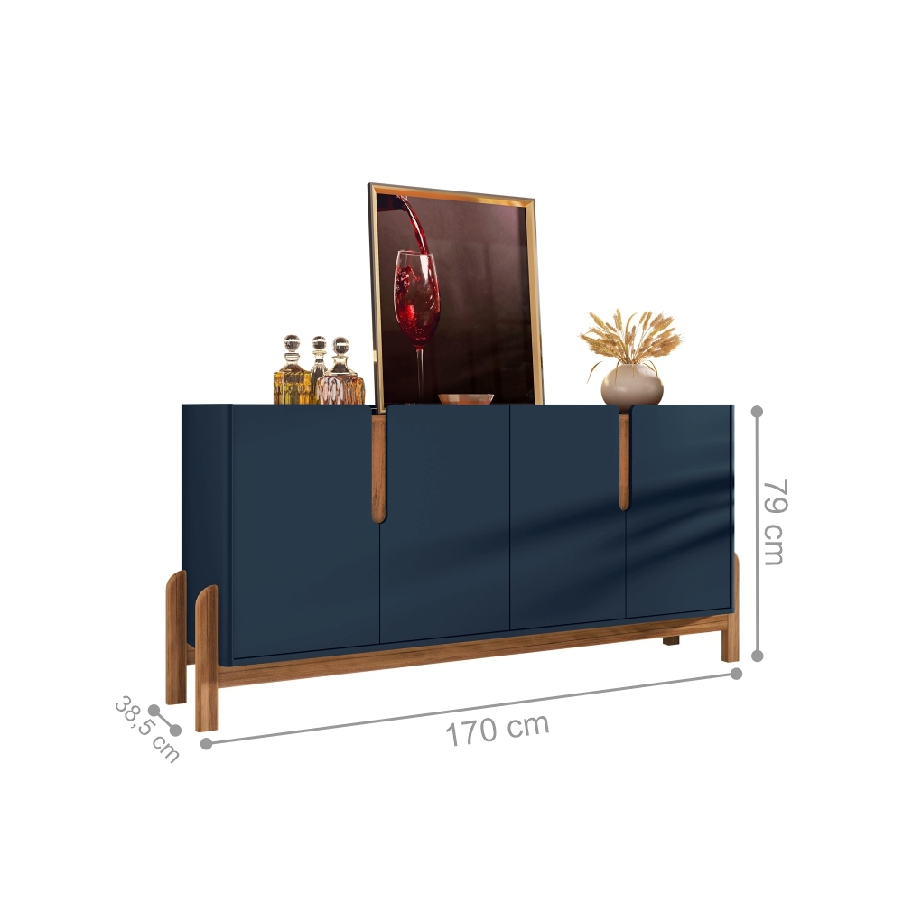 Buffet Agnes Azul Cobalto Cedro 4 Portas com Detalhe Curvo