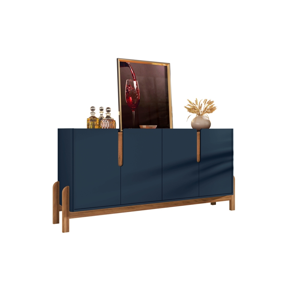Buffet Agnes Azul Cobalto Cedro 4 Portas com Detalhe Curvo