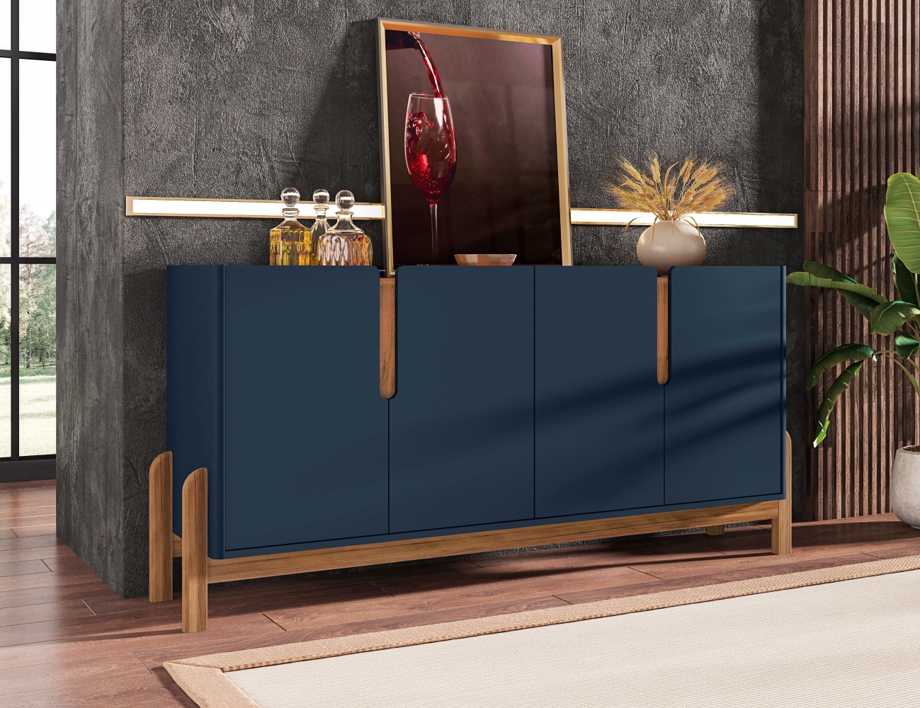 Buffet Agnes Azul Cobalto Cedro 4 Portas com Detalhe Curvo