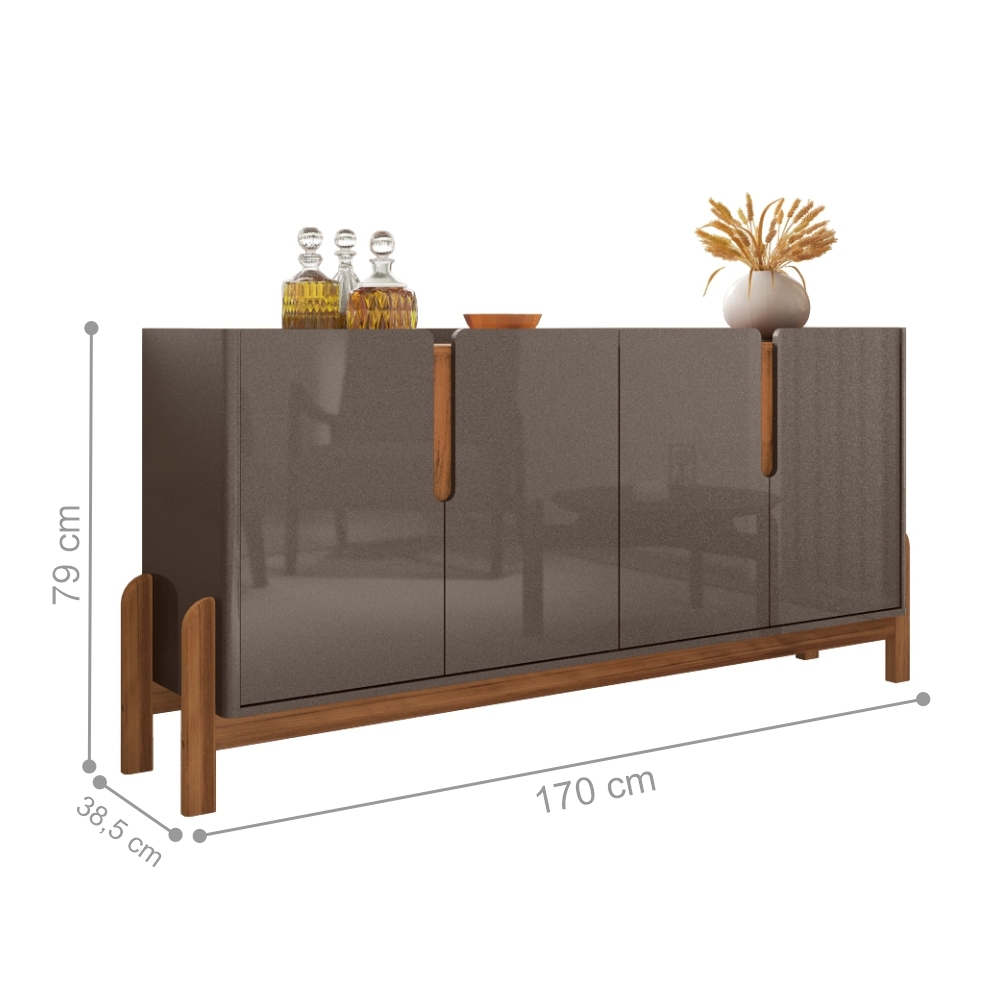 Buffet Agnes Cinza Pérola/Cedro 4 Portas com Detalhe Curvo