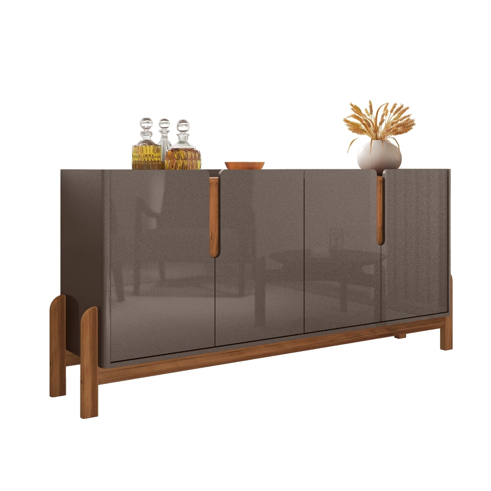 Buffet Agnes Cinza Pérola/Cedro 4 Portas com Detalhe Curvo