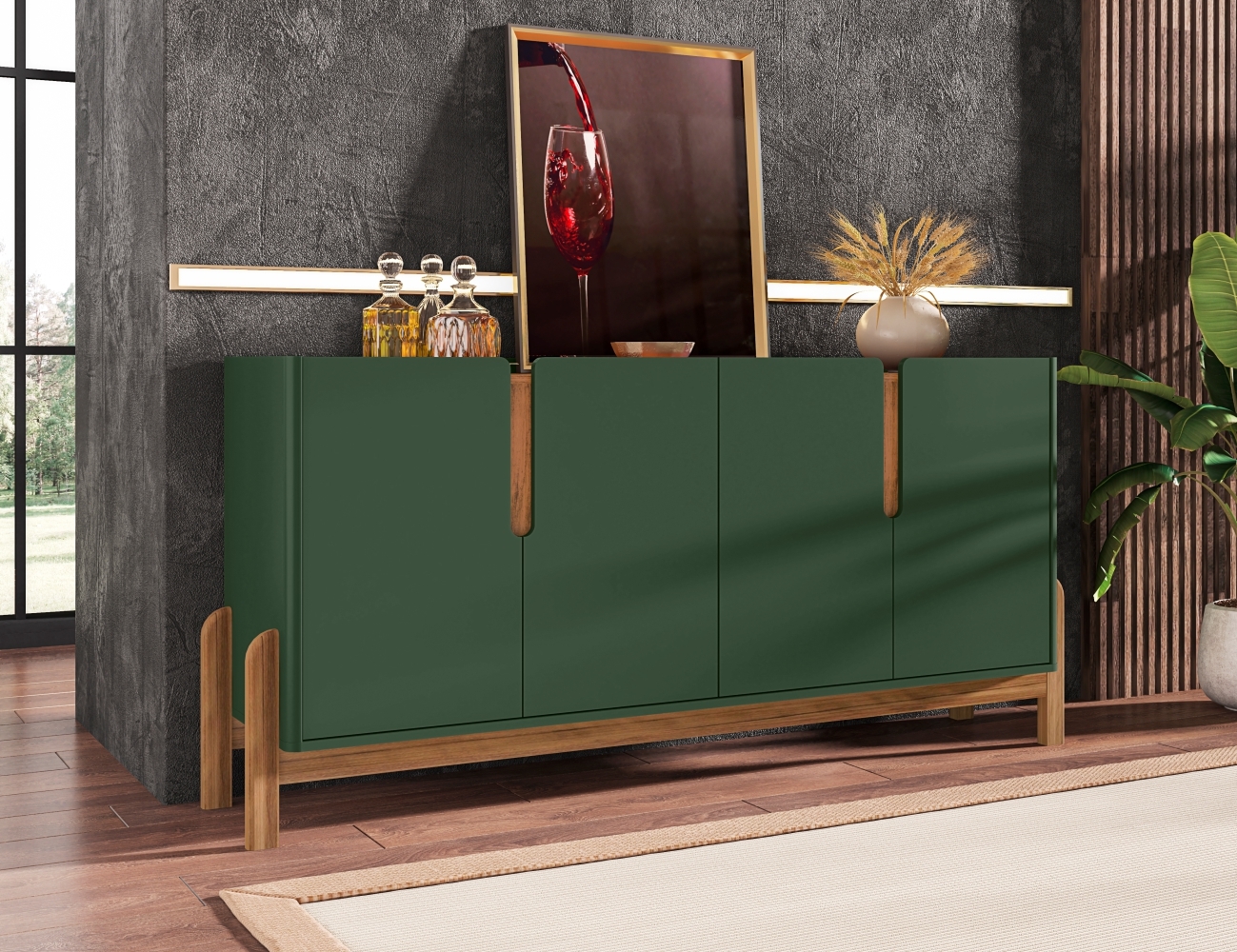 Buffet Agnes Verde Oliva Cedro 4 Portas com Detalhe Curvo