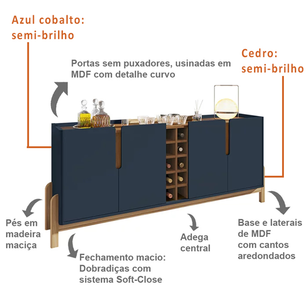 Buffet Aparador 190cm Com Adega 050520 Azul Cobalto Cedro DCASA