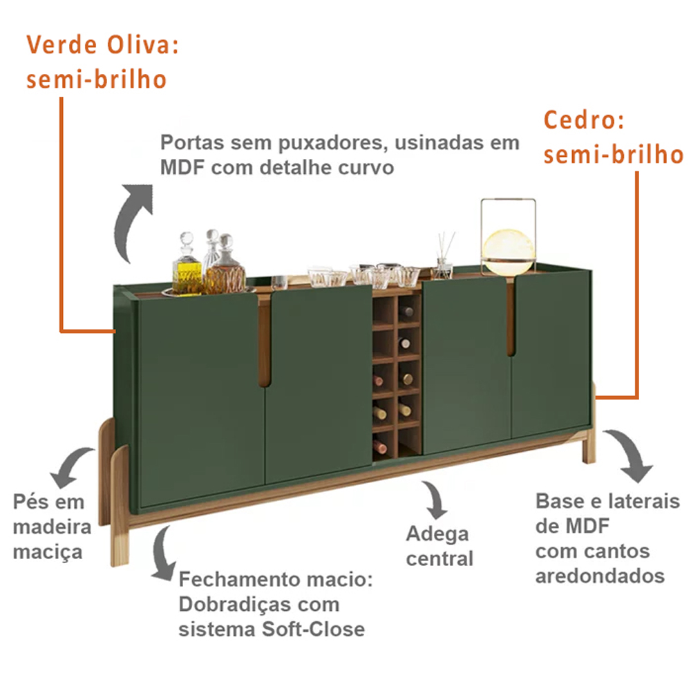 Buffet Aparador 190cm Com Adega 050520 Verde Oliva Cedro DCASA
