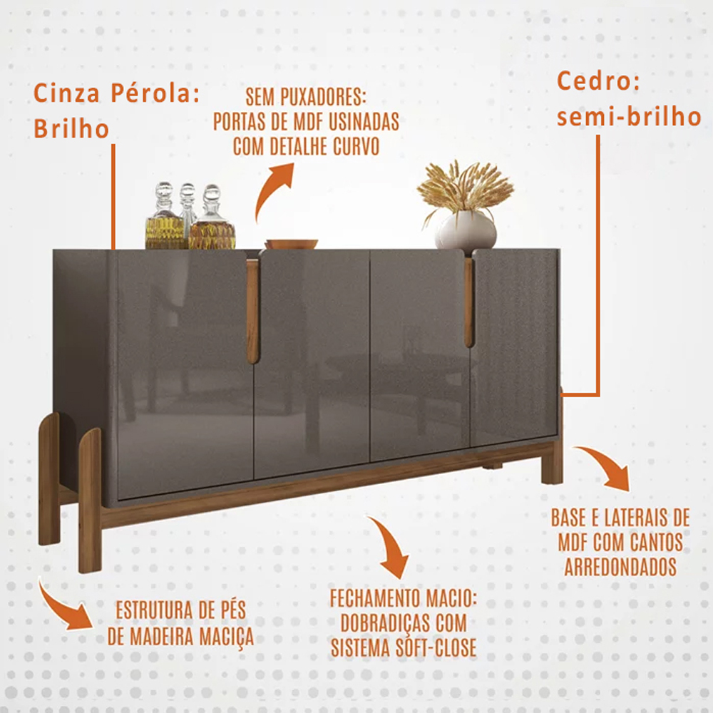 Buffet Aparador 4 Portas 170cm 050518 Cinza Perola Cedro DCASA