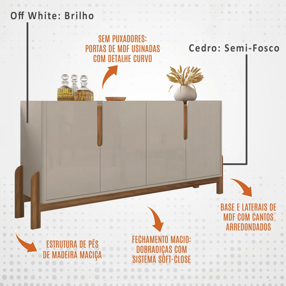 Buffet Aparador 4 Portas 170cm 050518 Off White Cedro DCASA