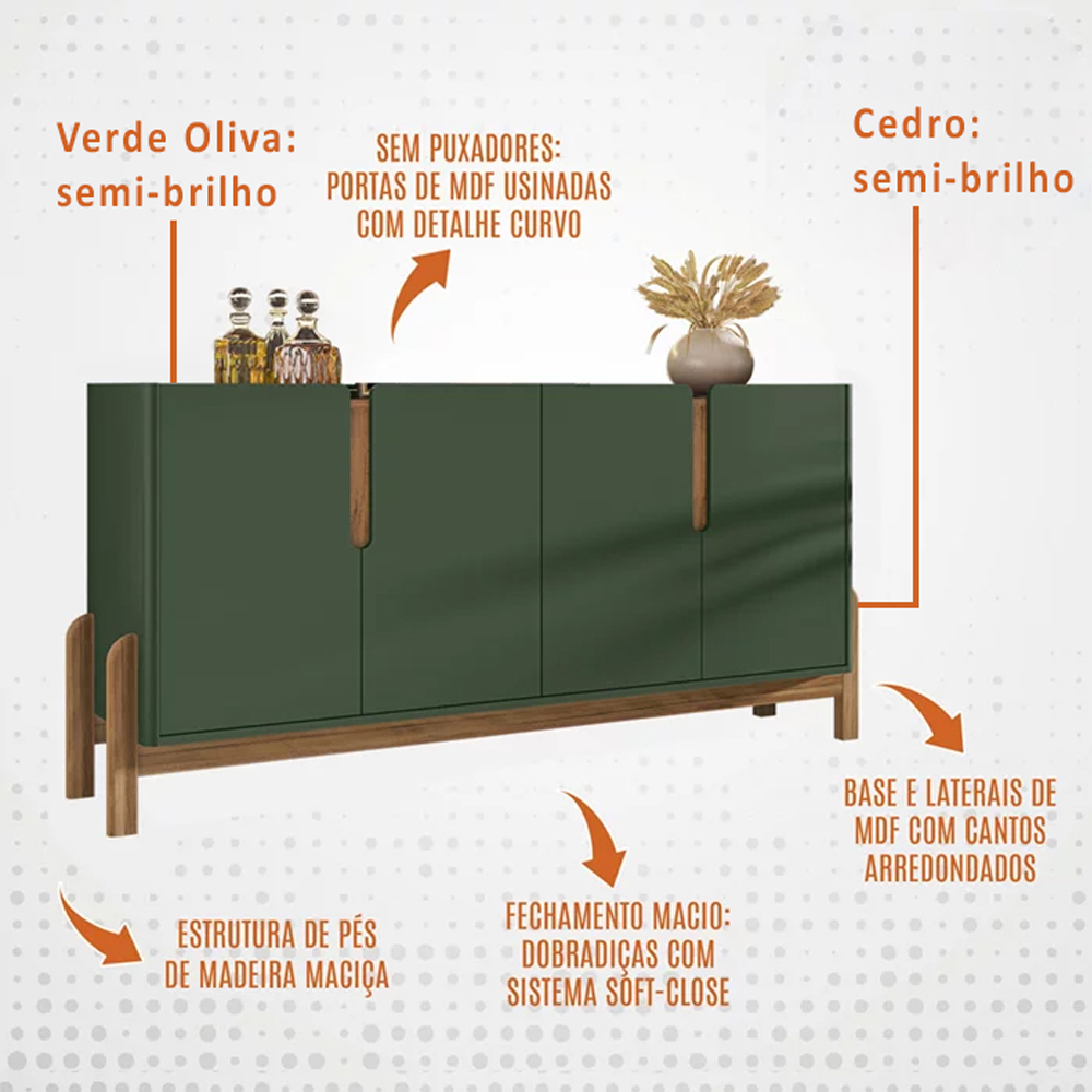 Buffet Aparador 4 Portas 170cm 050518 Verde Oliva Cedro DCASA