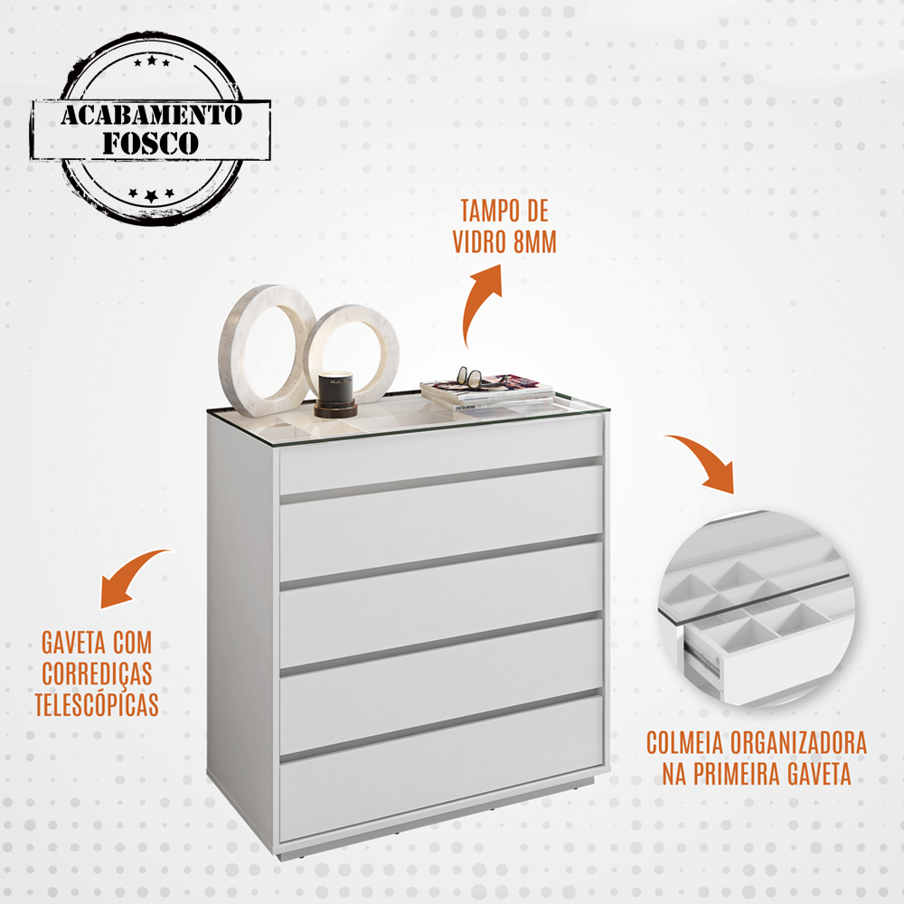 Comoda Tampo De Vidro 5 Gavetas 010059 Branco DCASA