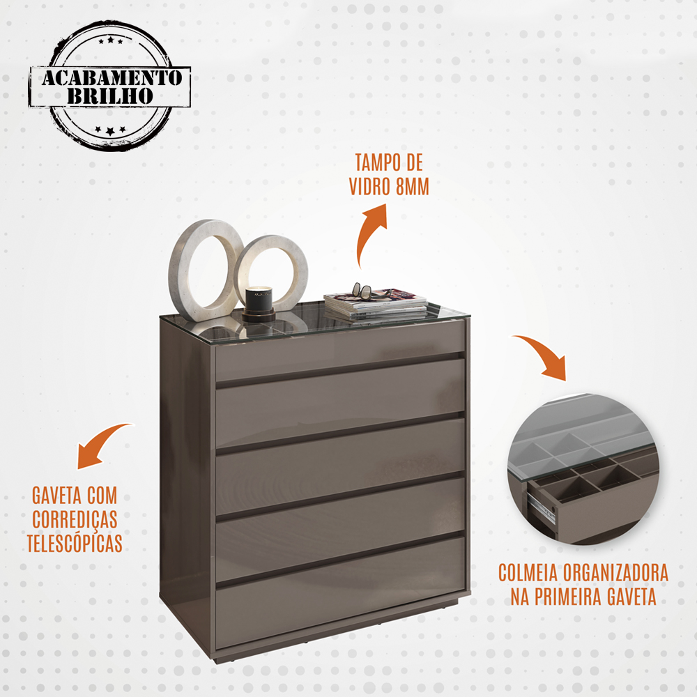 Comoda Tampo De Vidro 5 Gavetas 010059 Cinza Perola DCASA