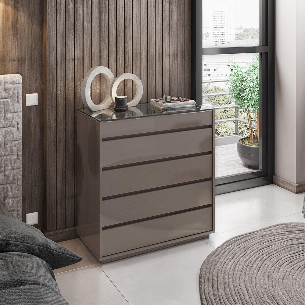 Comoda Tampo De Vidro 5 Gavetas 010059 Cinza Perola DCASA