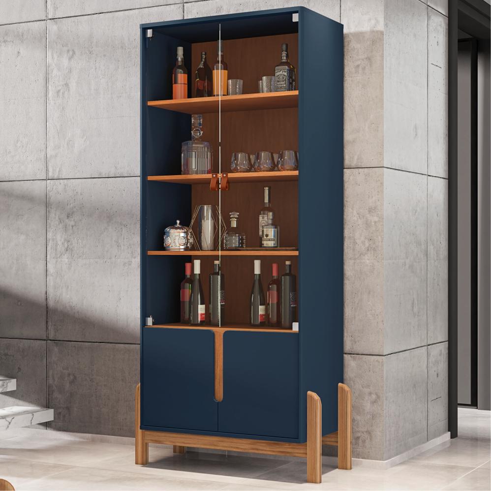 Conjunto Buffet 170 e Cristaleira Jayce Azul Cobalto Cedro