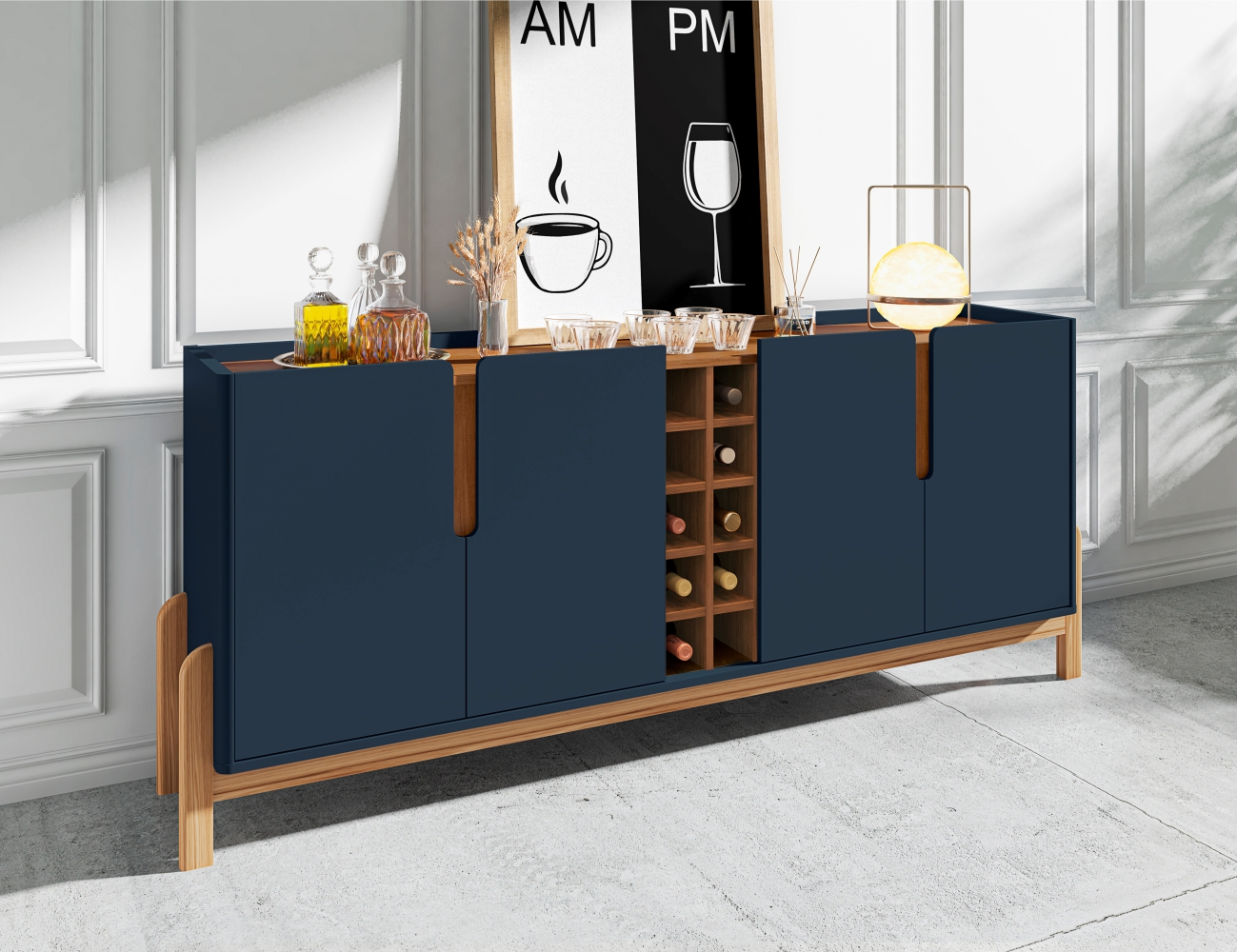 Conjunto Buffet 190 e Cristaleira Perry Azul Cobalto Cedro