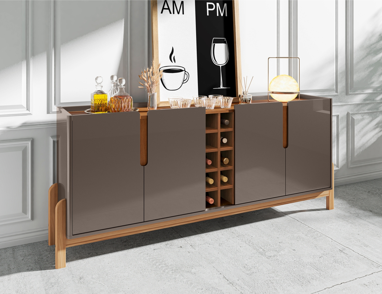 Conjunto Buffet 190 e Cristaleira Perry Cinza Perola Cedro