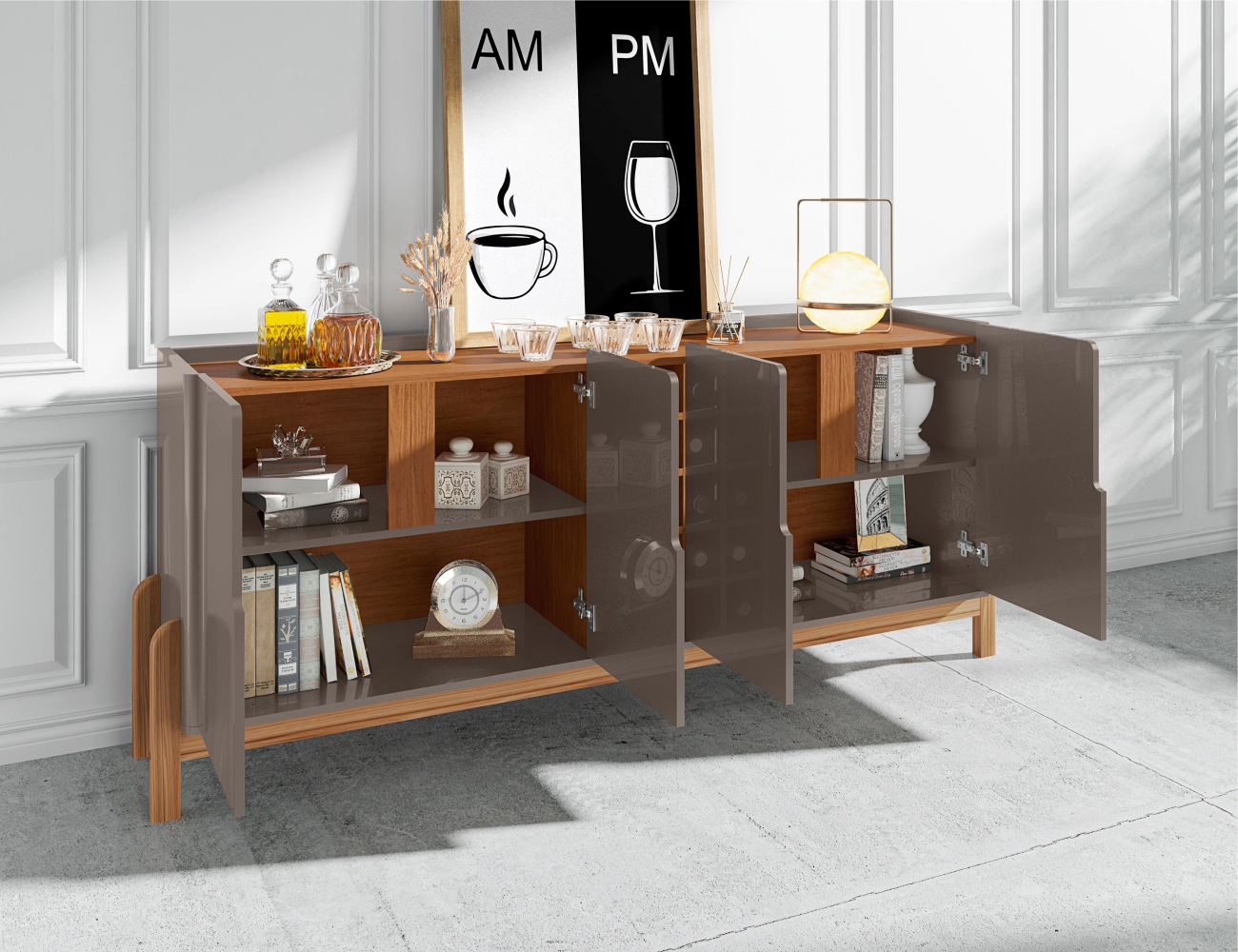 Conjunto Buffet 190 e Cristaleira Perry Cinza Perola Cedro