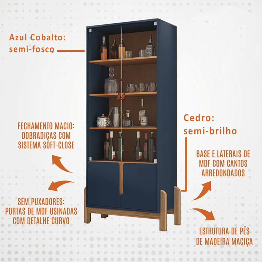 Cristaleira 4 Portas Para Sala De Estar 50519 Azul Cobalto Cedro DCASA