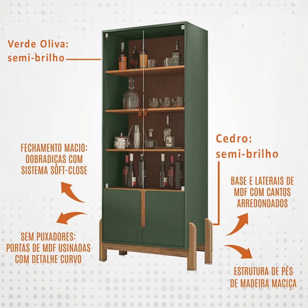 Cristaleira 4 Portas Para Sala De Estar 50519 Verde Oliva Cedro DCASA