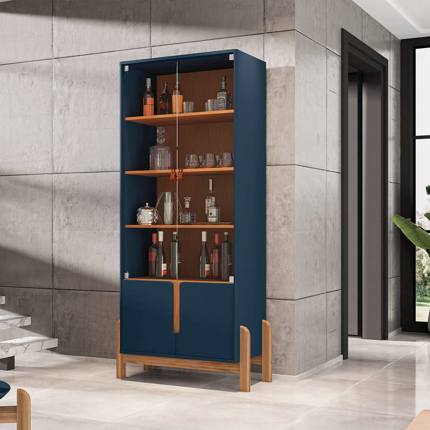Cristaleira Lizz 4 Portas Azul Cobalto com Cedro - Casa D