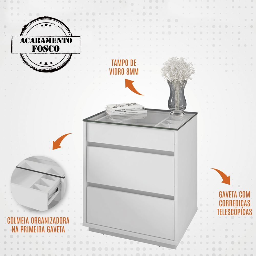 Mesa De Cabeceira 3 Gavetas 010023 Branco DCASA