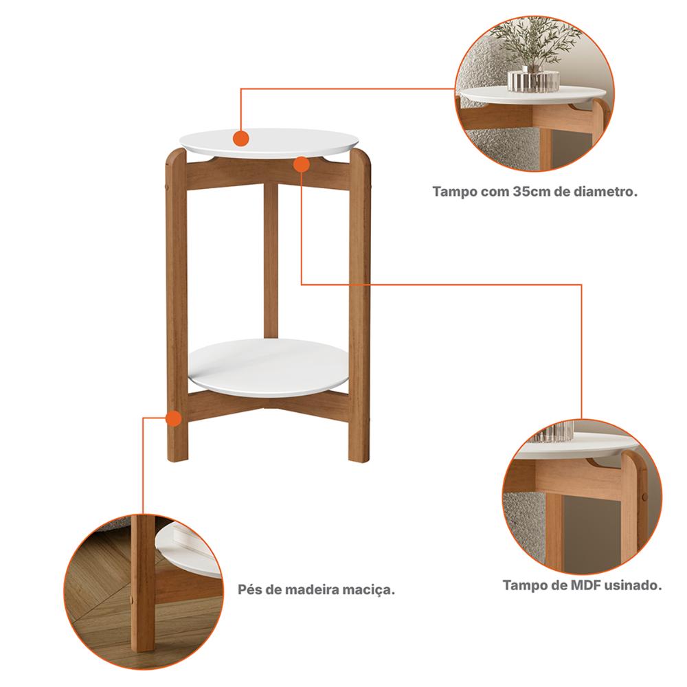Mesa Lateral Sala Lizz com Pés de Madeira Maciça Branco/Cedro