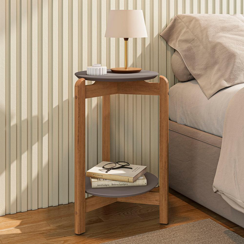 Mesa Lateral Sala Lizz com Pés de Madeira Maciça Cinza Perola/Cedro