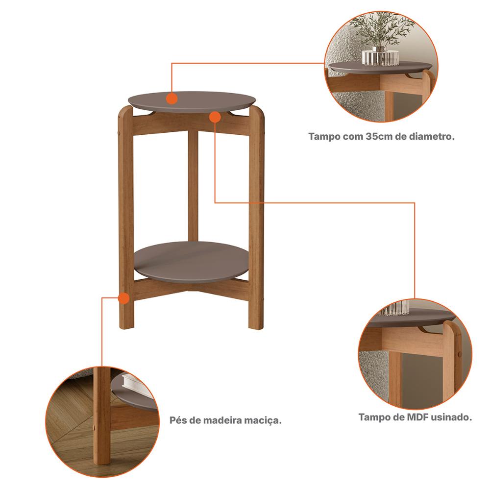 Mesa Lateral Sala Lizz com Pés de Madeira Maciça Cinza Perola/Cedro