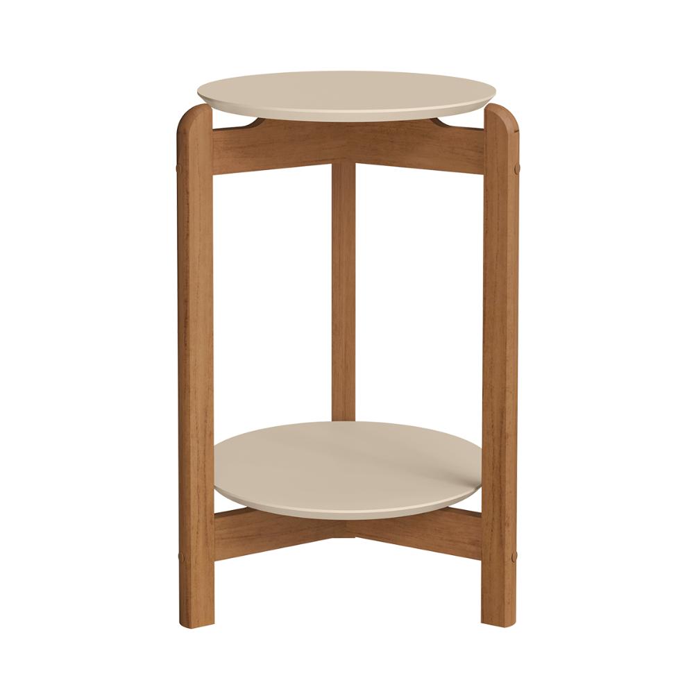 Mesa Lateral Sala Lizz com Pés de Madeira Maciça Off White/Cedro