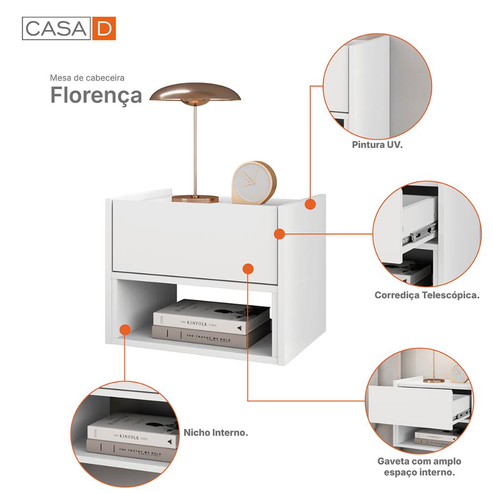 Mesa de Cabeceira Quarto Florença Suspensa com 1 Gaveta Branco