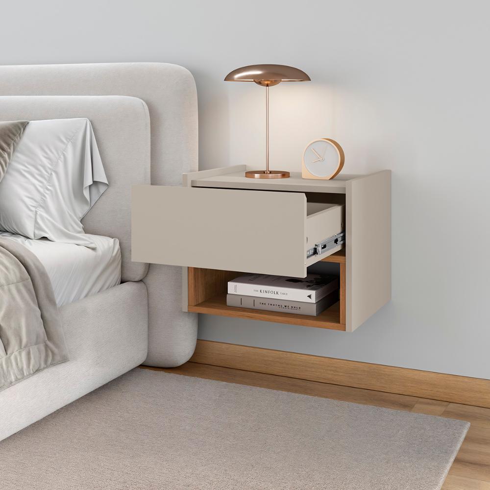 Mesa de Cabeceira Quarto Florença Suspensa com 1 Gaveta Off White/Cedro