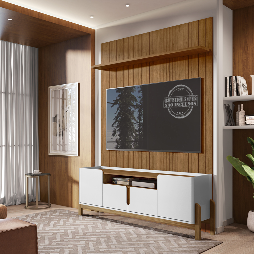 Painel Frisado 220x180 Cm E Rack 4 Portas 190 Cm Branco Cedro DCASA