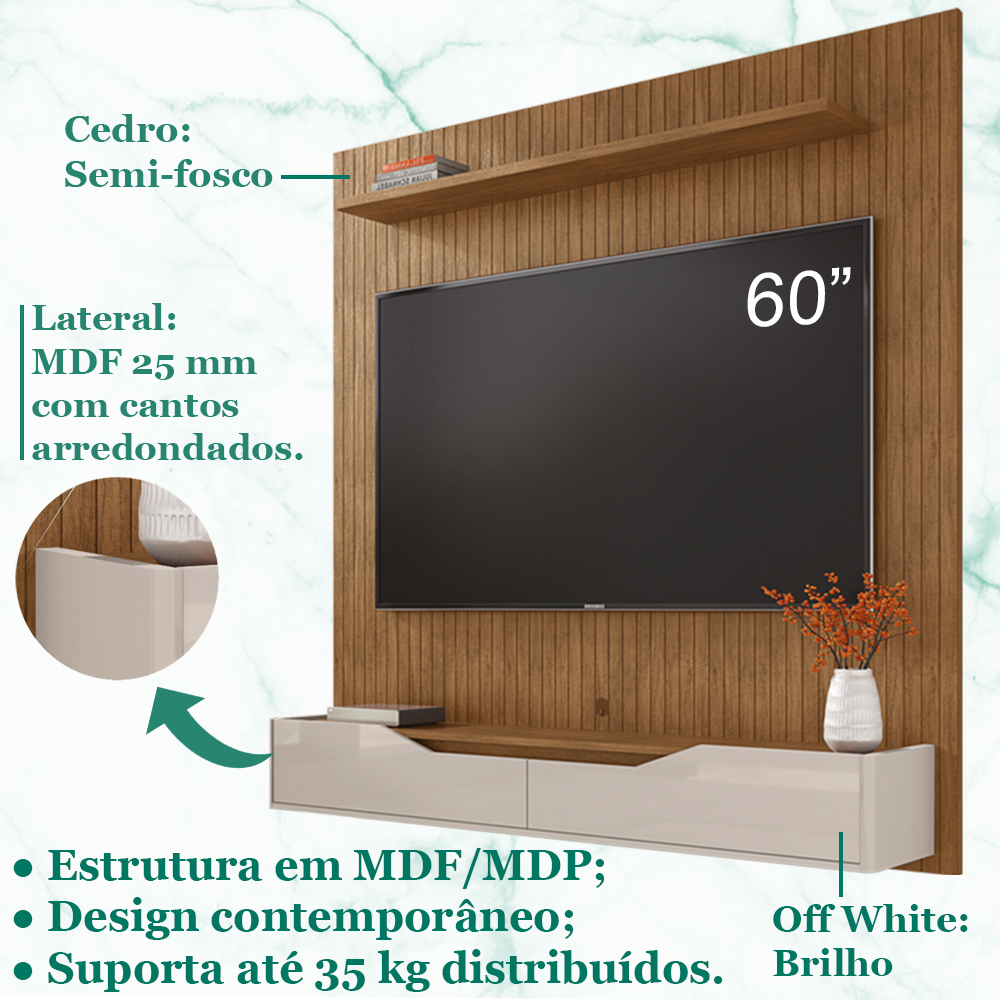 Painel Frisado Suspenso Tv 60 Pol 160 Cm 011090 Cedro Off White DCASA