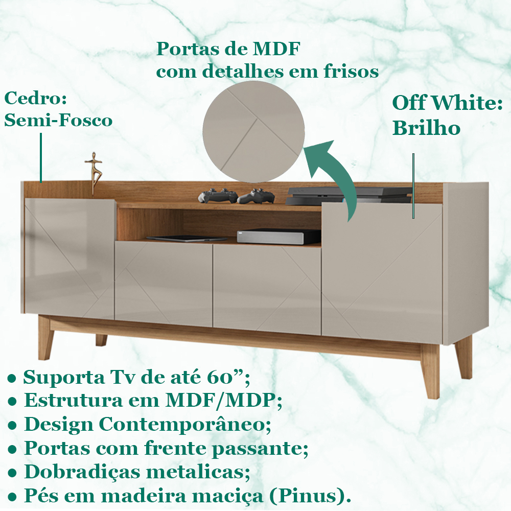 Rack 4 Portas Para TV 60 Polegadas 011071 Off White Cedro DCASA