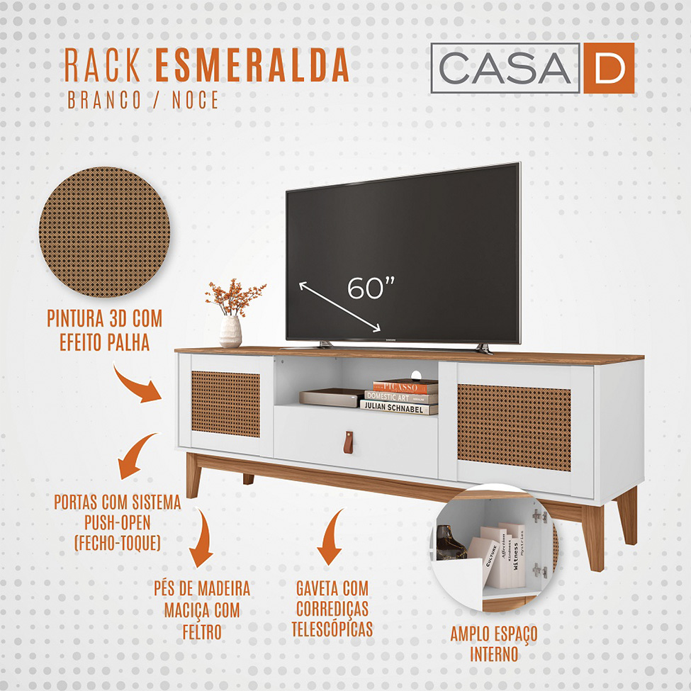 Rack Esmeralda Branco e Noce 160 cm