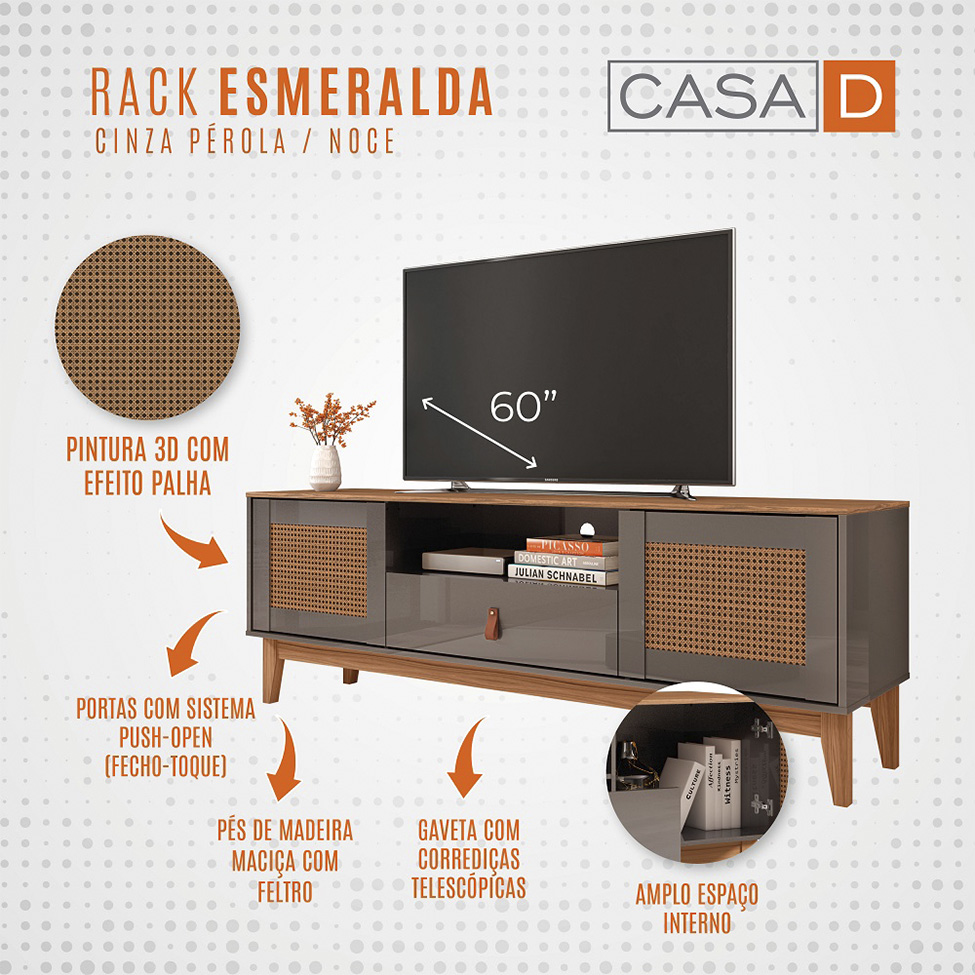 Rack Esmeralda Cinza Pérola e Noce 160 cm