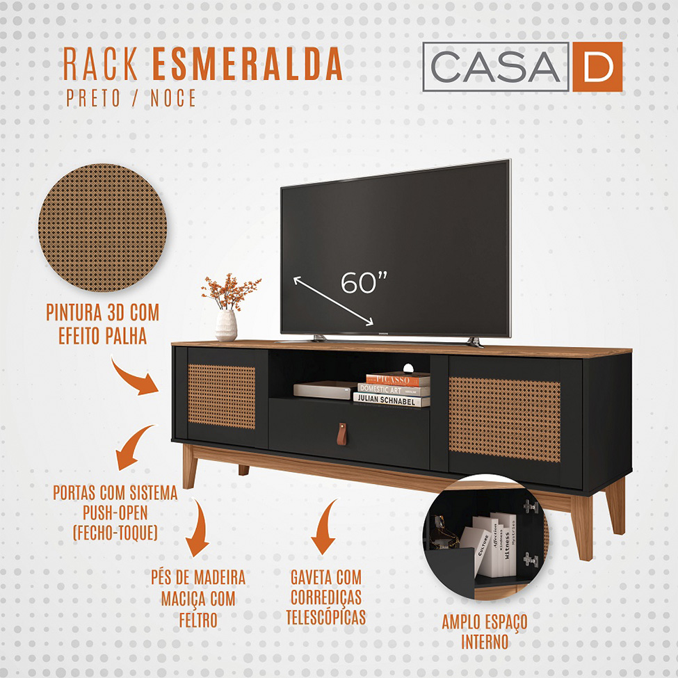 Rack Esmeralda Preto e Noce 160 cm
