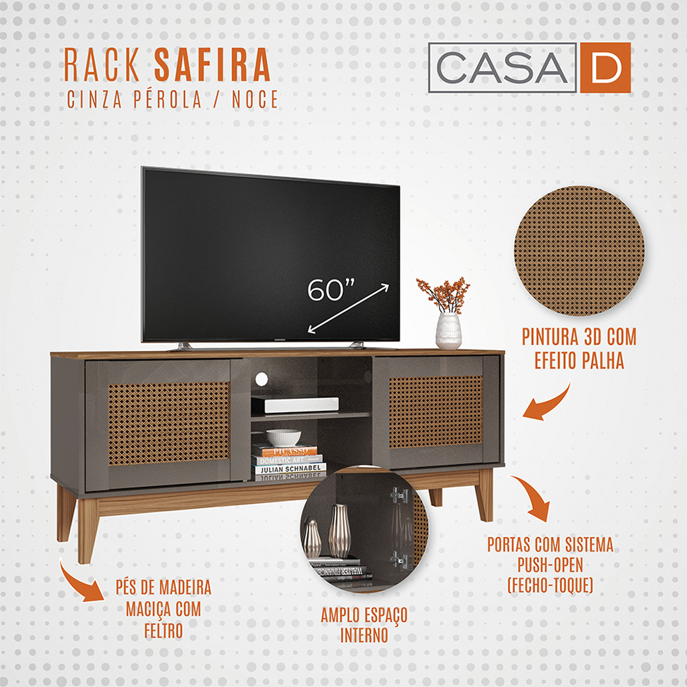 Rack Safira Cinza Pérola e Noce 135 cm