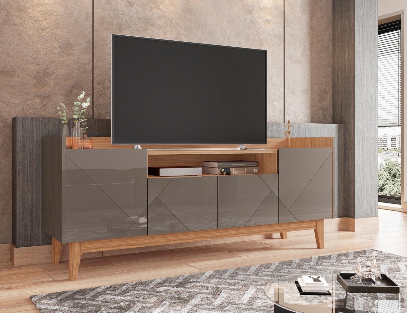 Rack para TV Jayce Detalhe Frisado Cinza Noce