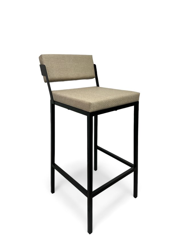 Banqueta Industrial Estofado com Encosto Bege para Cozinha Americana Bancada Bar Ilha Prisma 75cm