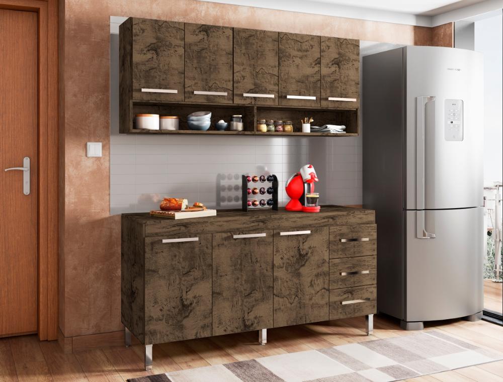 Cozinha Compacta Armário 5 Portas E Balcão Pia 1,5M Castanho