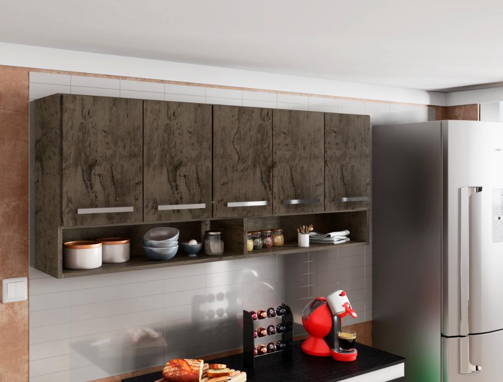 Cozinha Compacta Armário 5 Portas E Balcão Pia 1,5M Castanho