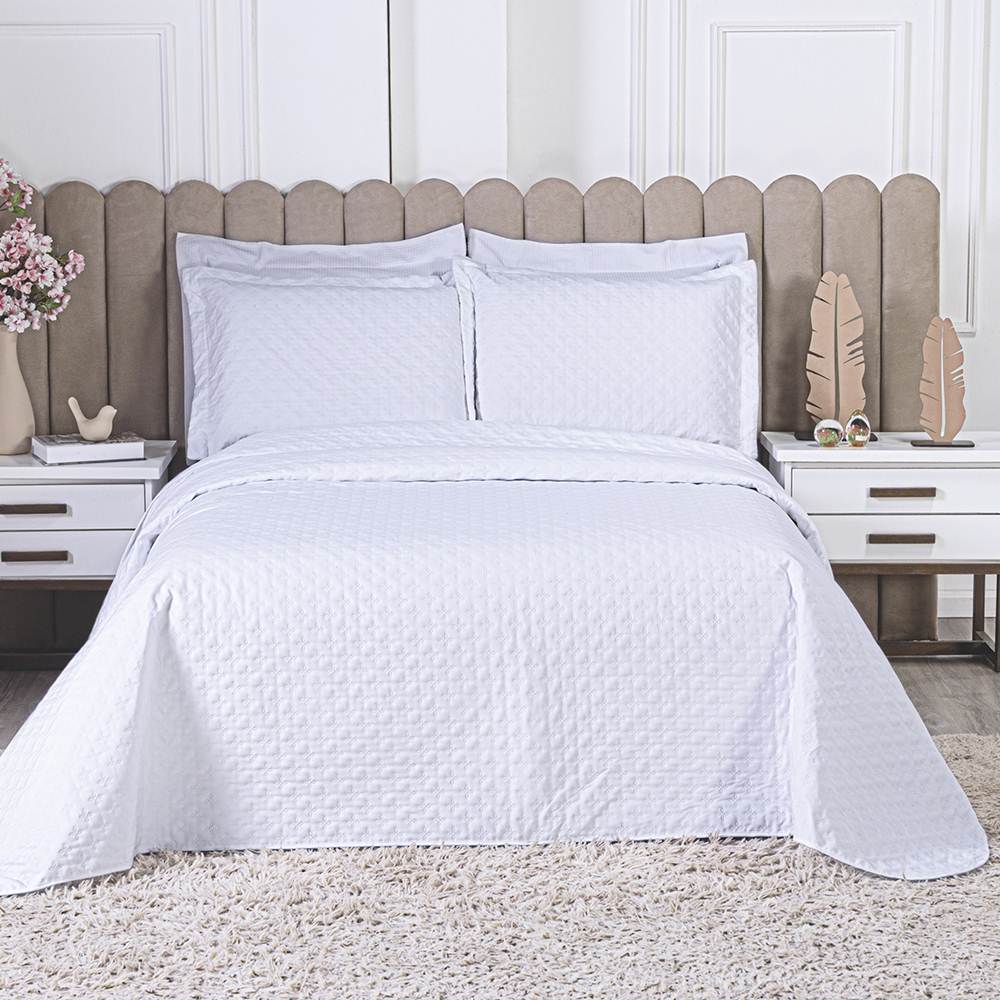 Cobre Leito Casal Padrão Milão Dupla Face Micropercal 200 Fios 3 Peças - Branco