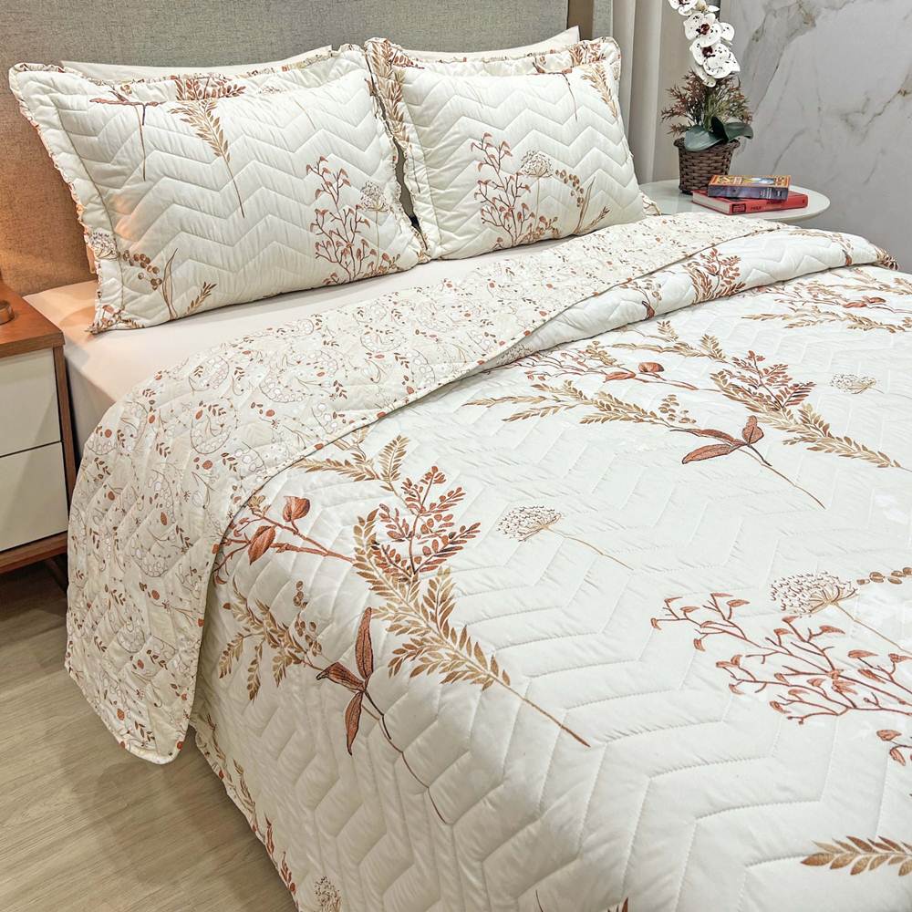 Cobre Leito King Confort Print Micropercal 300 Fios Toque de Algodão 3 Peças - Flores Damasco