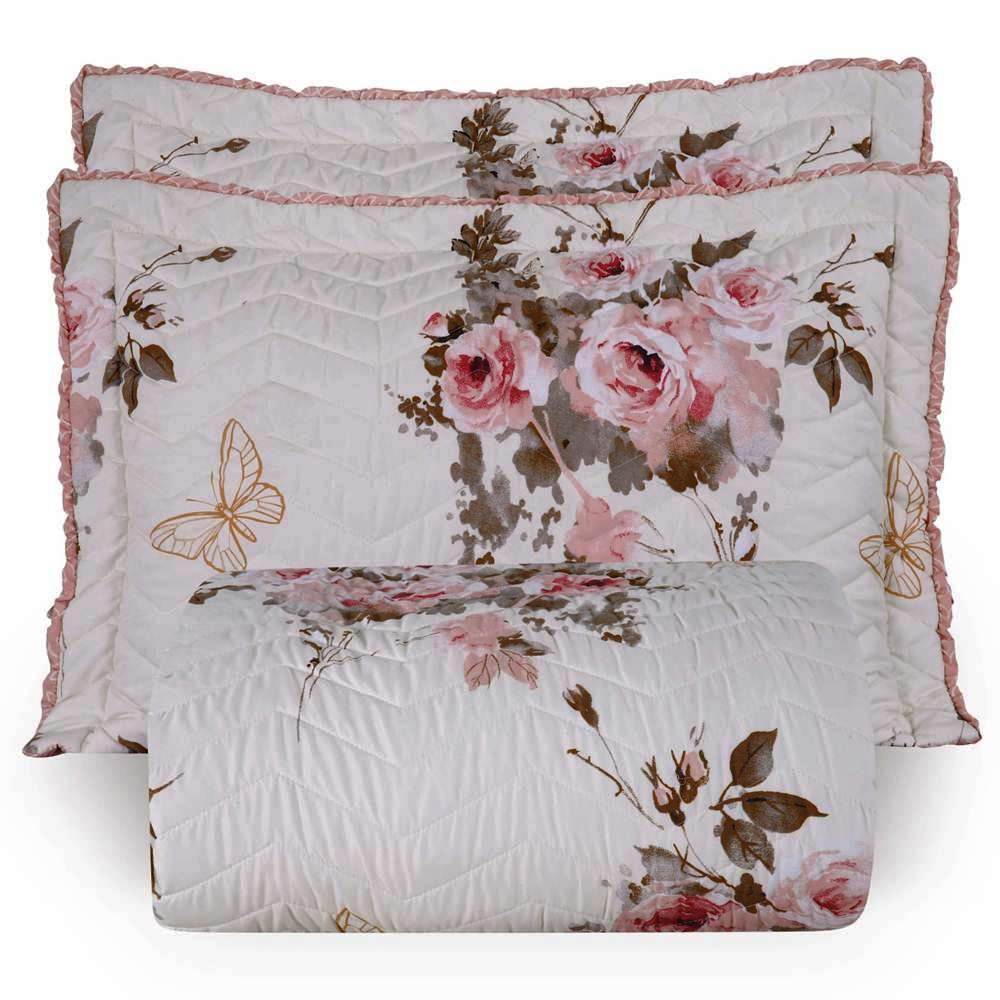 Cobre Leito King Confort Print Micropercal 300 Fios Toque de Algodão 3 Peças - Flores Rose