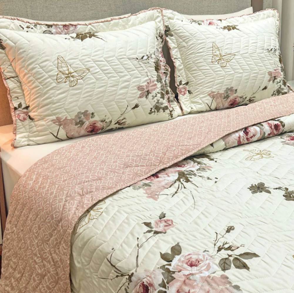 Cobre Leito King Confort Print Micropercal 300 Fios Toque de Algodão 3 Peças - Flores Rose