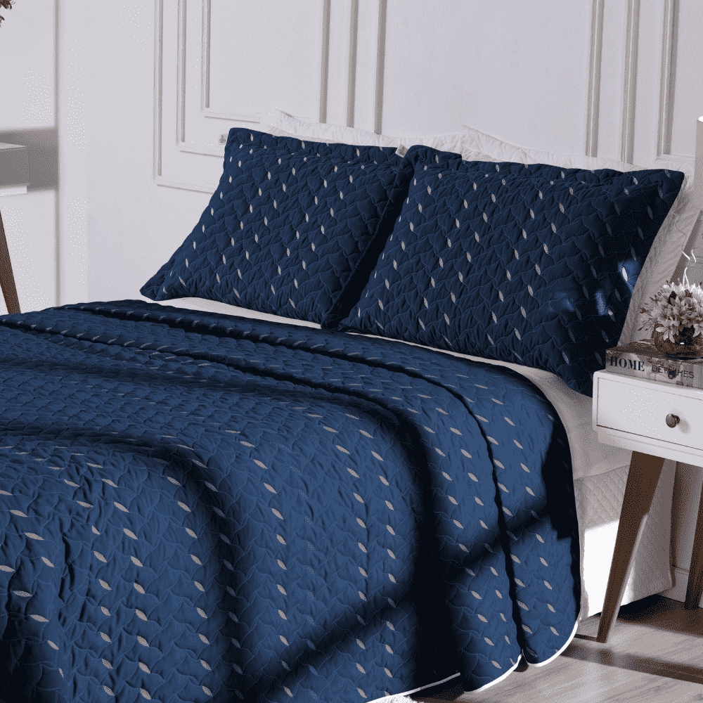 Cobre Leito King Heitor Bordado Hipercal 400 Fios 3 Peças - Azul Marinho