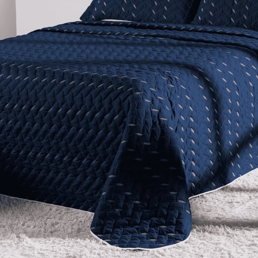 Cobre Leito King Heitor Bordado Hipercal 400 Fios 3 Peças - Azul Marinho