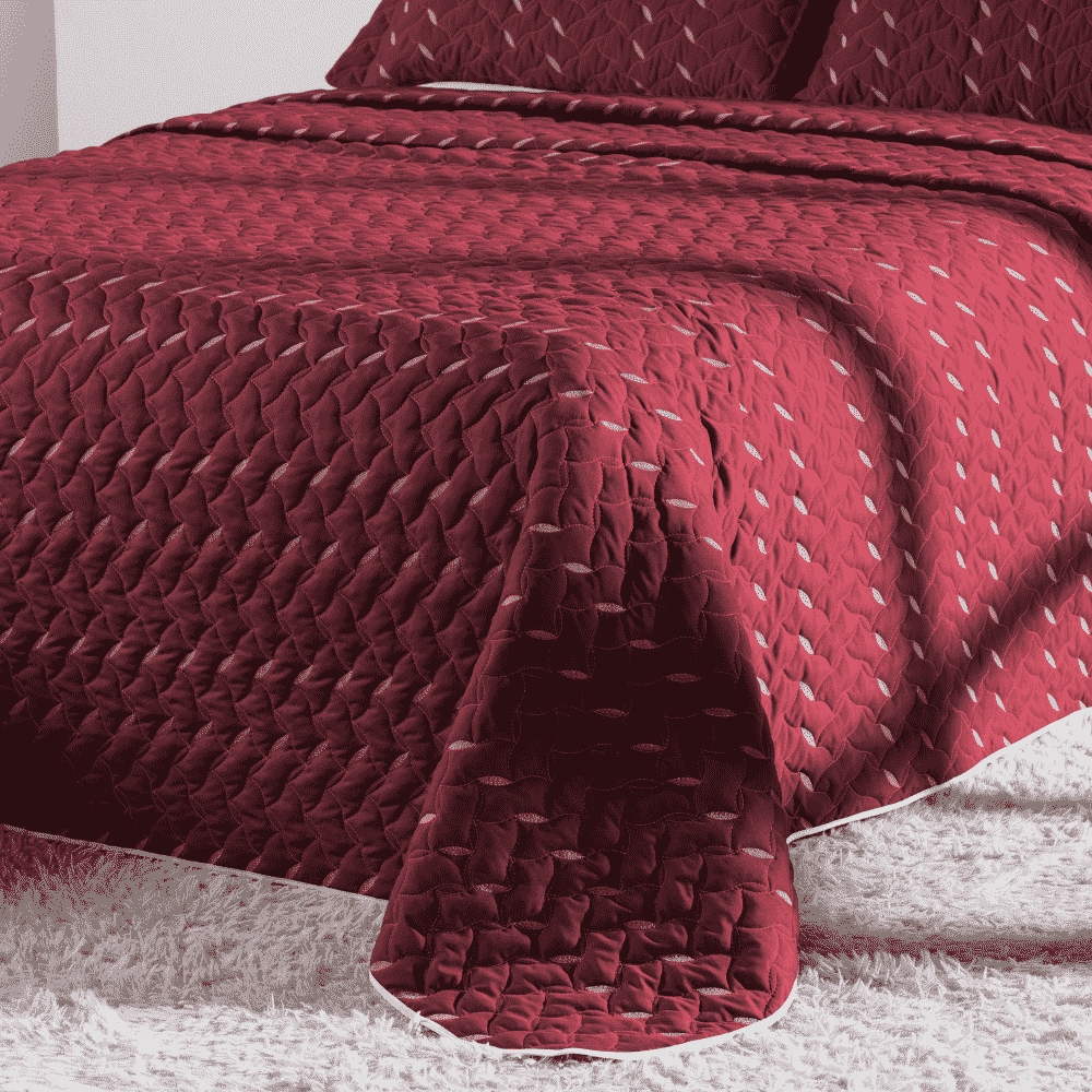 Cobre Leito King Heitor Bordado Hipercal 400 Fios 3 Peças - Vermelho Marsala