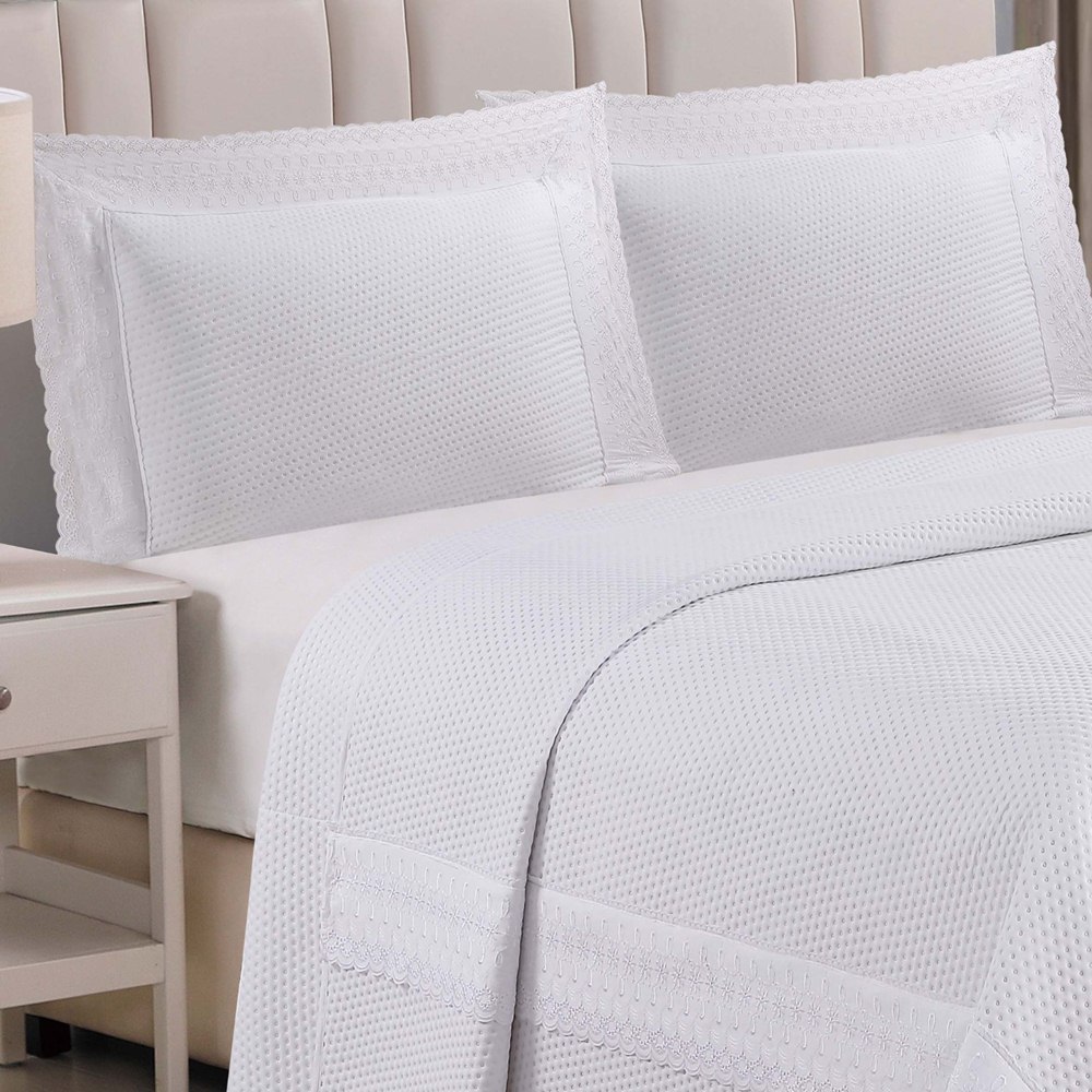 Cobre Leito King Majestic Bordado Inglês Micropercal 300 Fios Toque de Algodão 3 Peças - Branco